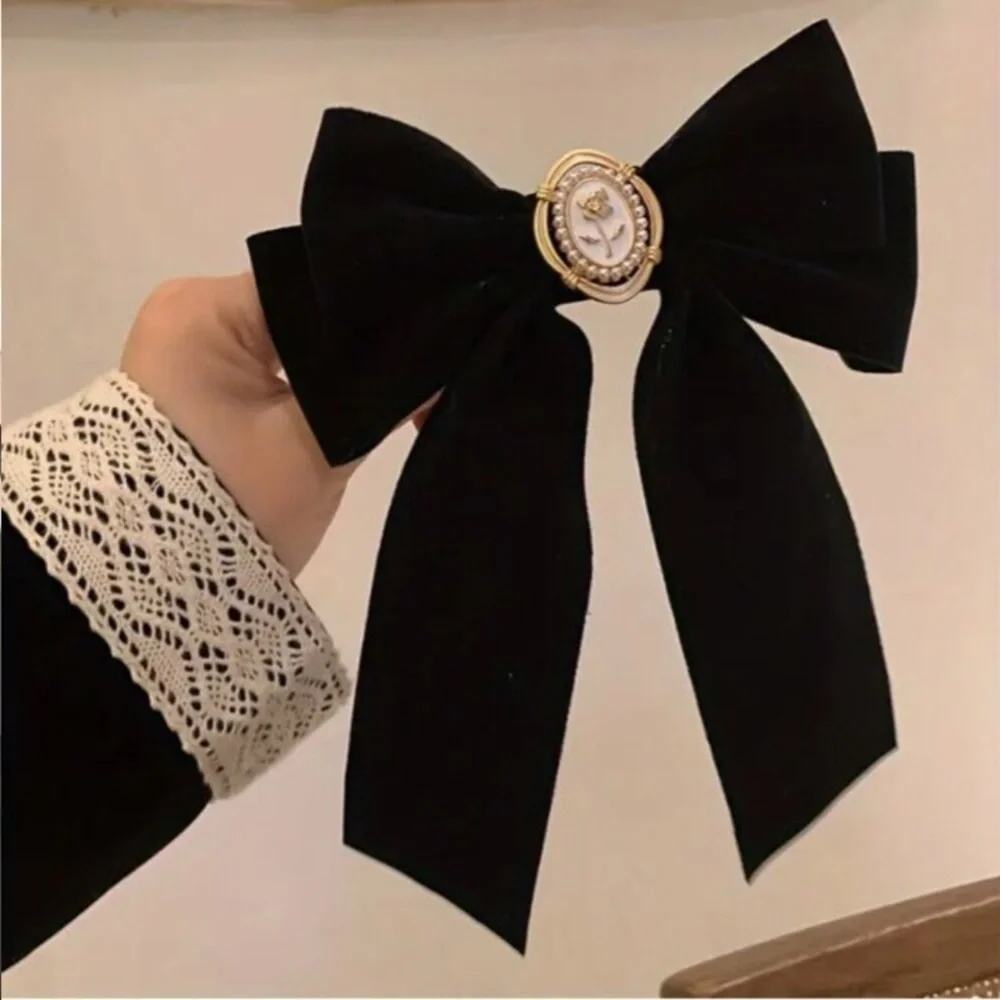 NEW Romantic Victorian Girl Black Velvet Gold Rose Bow Hair Clip